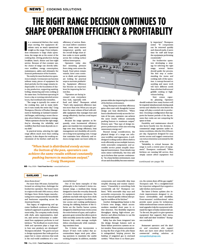 Total Food Services Magazine: The Right Range Decision Continues to Shape Operation Efficiency & Profitability